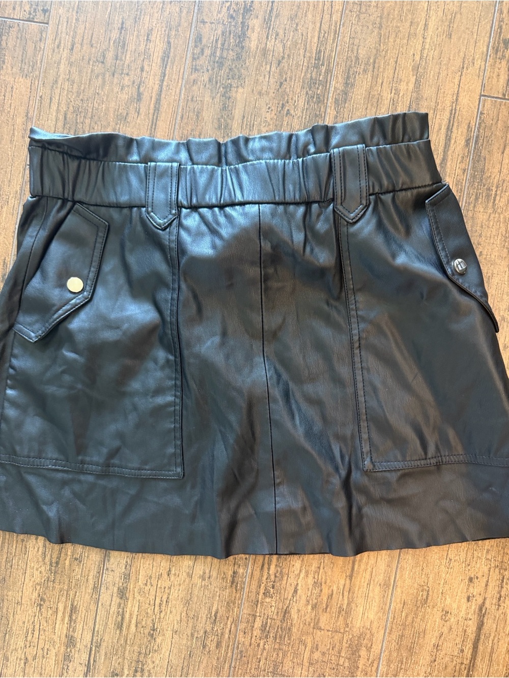 Zara Black Faux Leather Paperbag Mini Skirt Cargo Pockets XL excellent condition